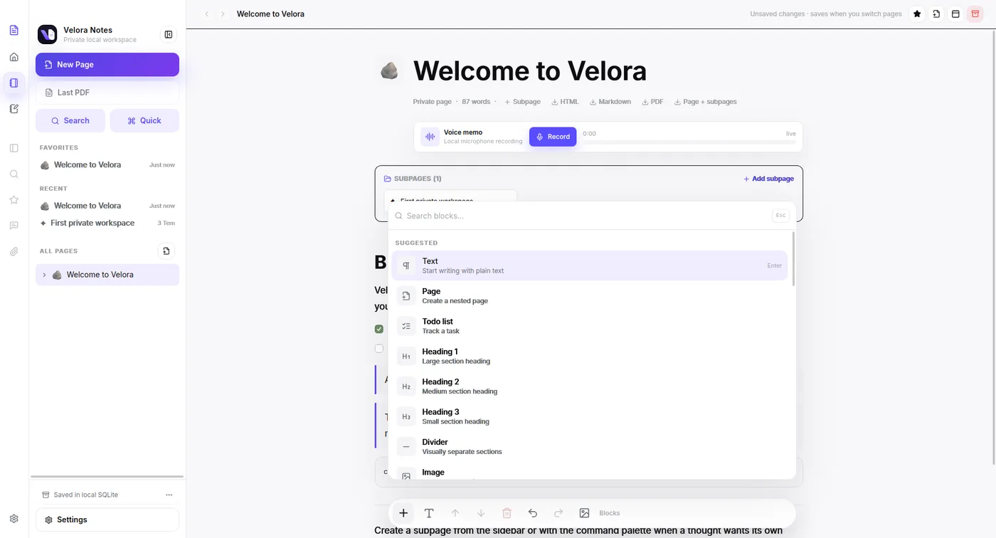 Velora — yerel-öncelikli not alma ve PDF çalışma uygulaması